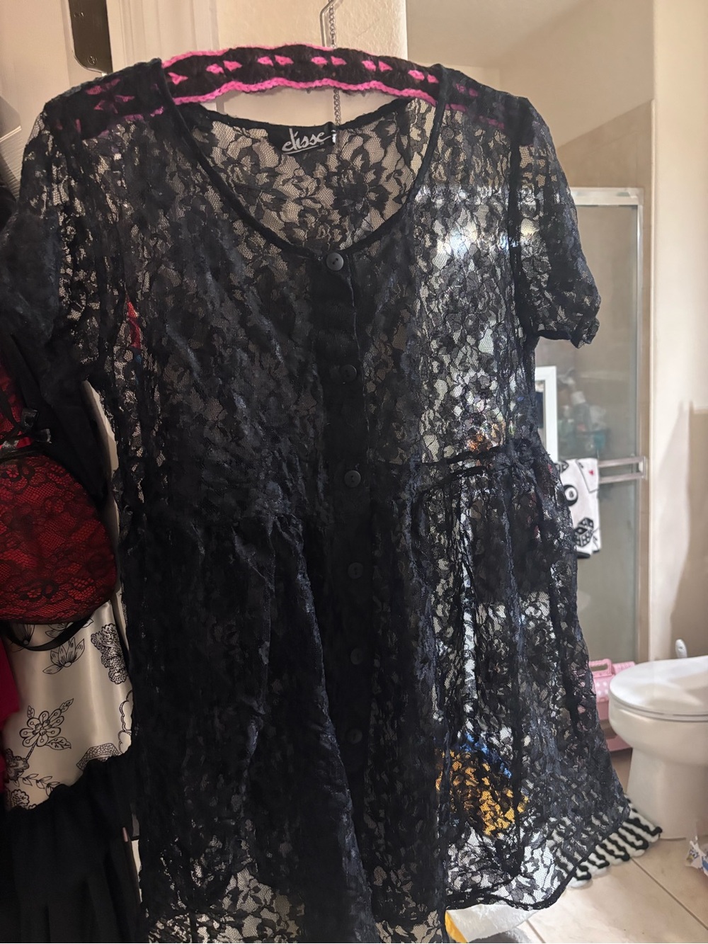 Baby doll Chaser Black Sheer Lace Button-Front mini dress